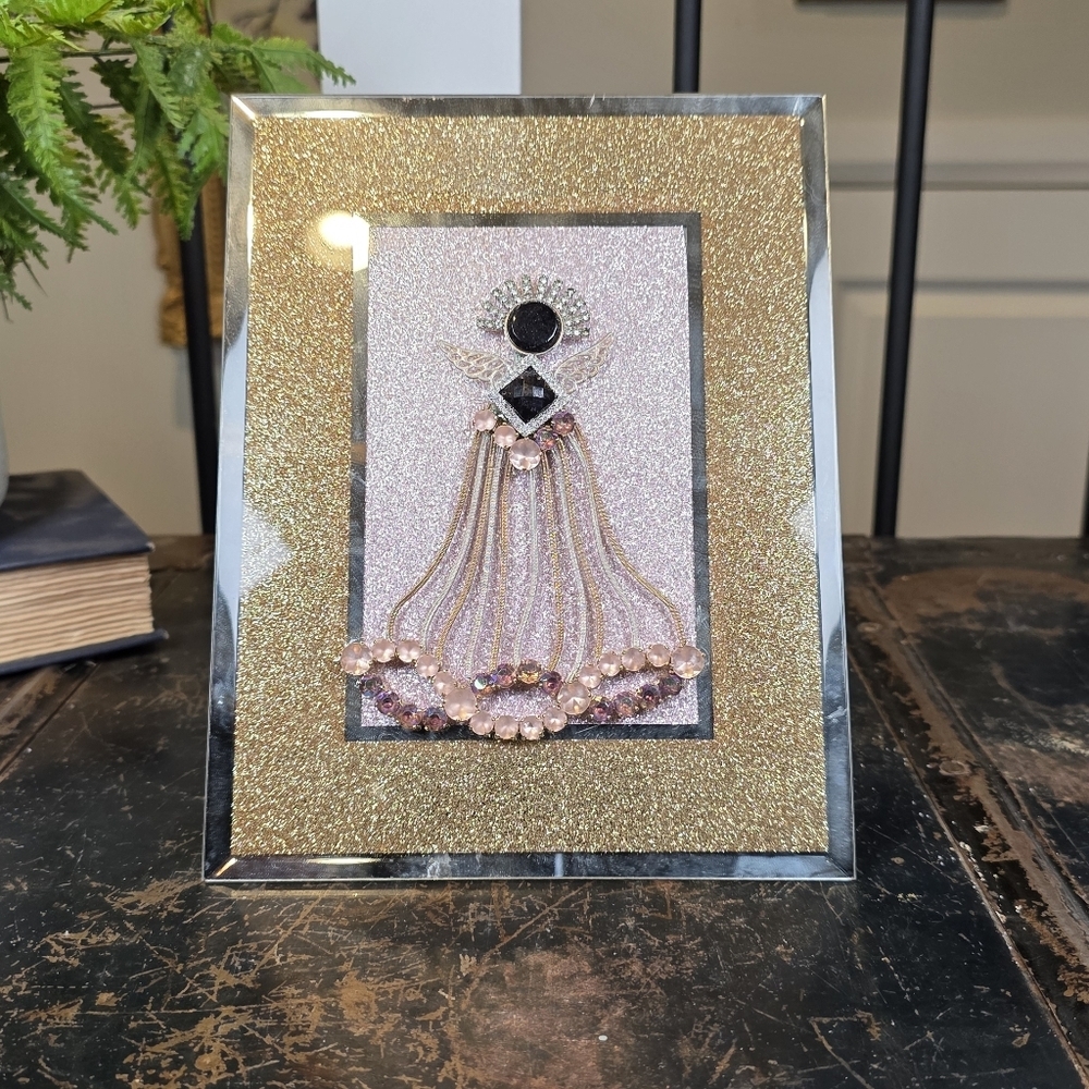 Glam Rhinestone Angel Art in Gold Glitter Frame | Jeweled Christmas Decor 5x7
